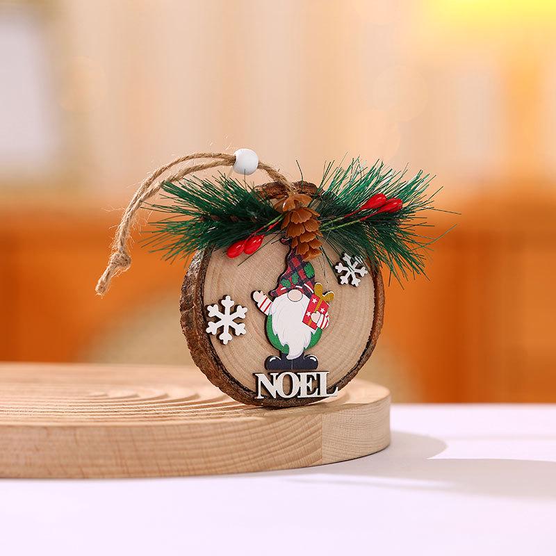 Pine Needle Round Faceless Old Man Wooden Christmas Tree Ornament Pendant
