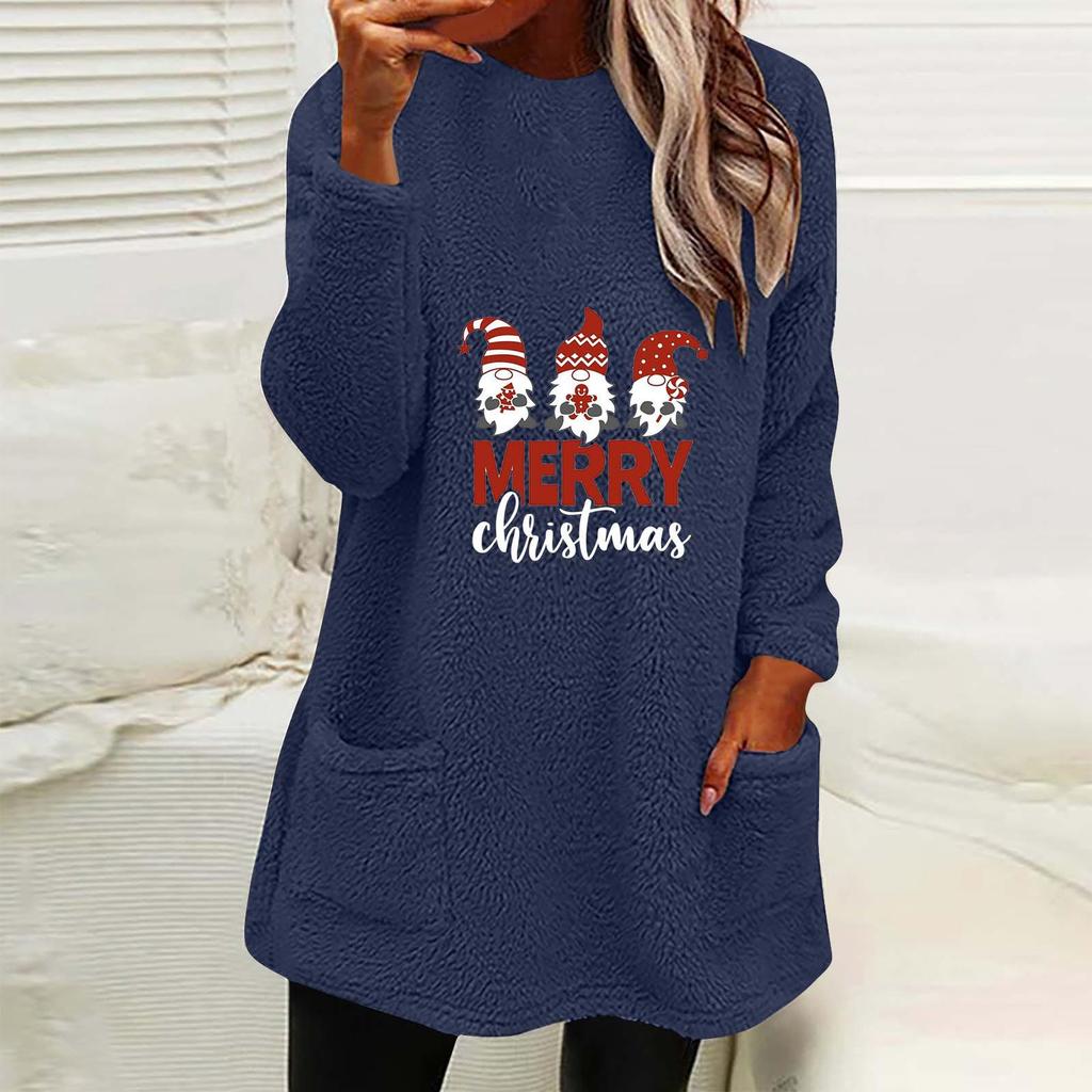 Damen Weihnachtsdruck Rundhals Locker Langarm Tasche Plüsch Hoodie