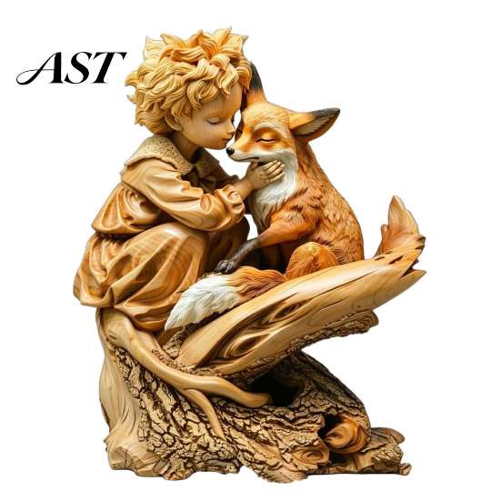 Fox Themed Sculptures Fairy Tale Little Boy and Wooden Figurine, Rustic Desktop Statue, Artistic Carved Wood Crafts Sculpture Ornament for Table Shelf
