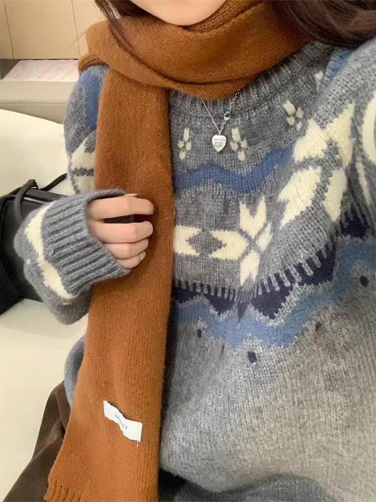 2026 Women's Fair Isle Wool Sweater Pullover, Round Neck, Age-Reducing Academic Style, Thick Base Layer, Pairs with JK.