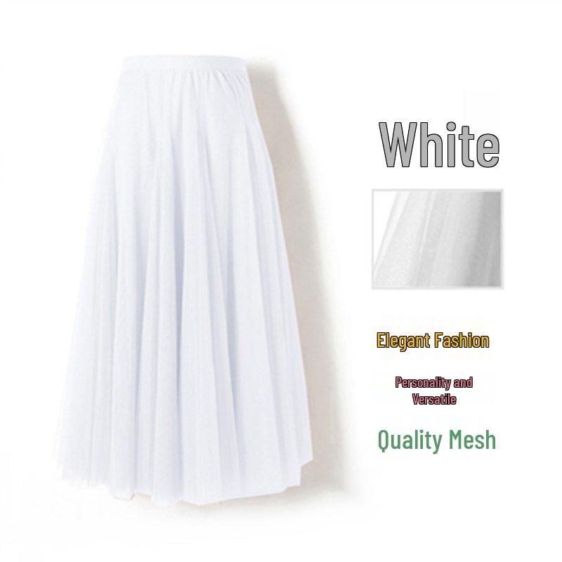 Women's High-Waist Mid-Length Pleated Mesh Skirt