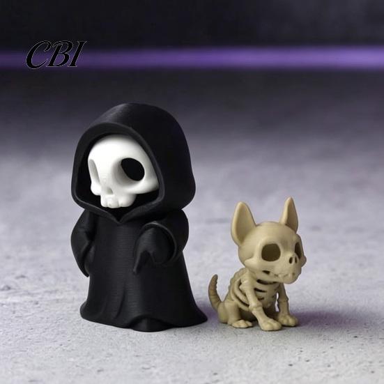 Matte Black And Beige Desktop Decor Halloween Ghost with Skeleton Dog Statues, Gothic Skull Resin Style Home Accessories Sculpture Ornaments,