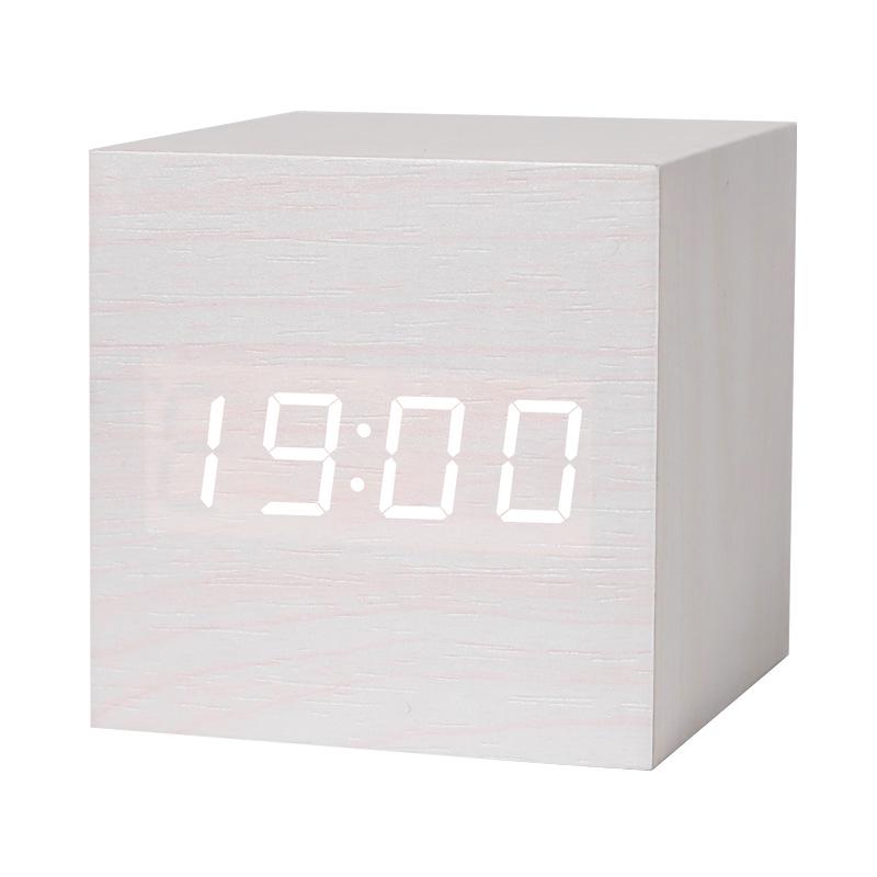 LED digitální budík s hlasovým ovládáním - Tichý, Svítící, Čtvercový dřevěný design do ložnice