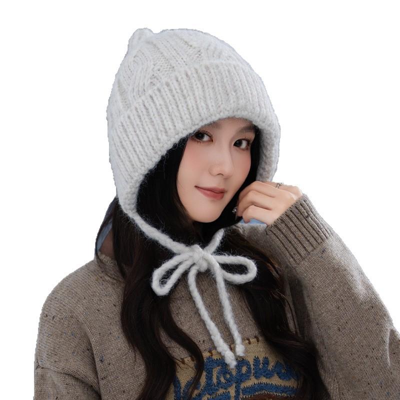 Korean Version of Versatile Bear Patch Strap Wool Hat Autumn and Winter Fashion Retro Pullover Hat Outdoor Casual Warm Hat New