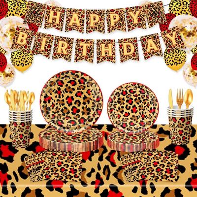 96PCS Happy Birthday Banner Cheetah Print Birthday Decorations Napkin Tablecloth Tableware Set Food Grade Thicken