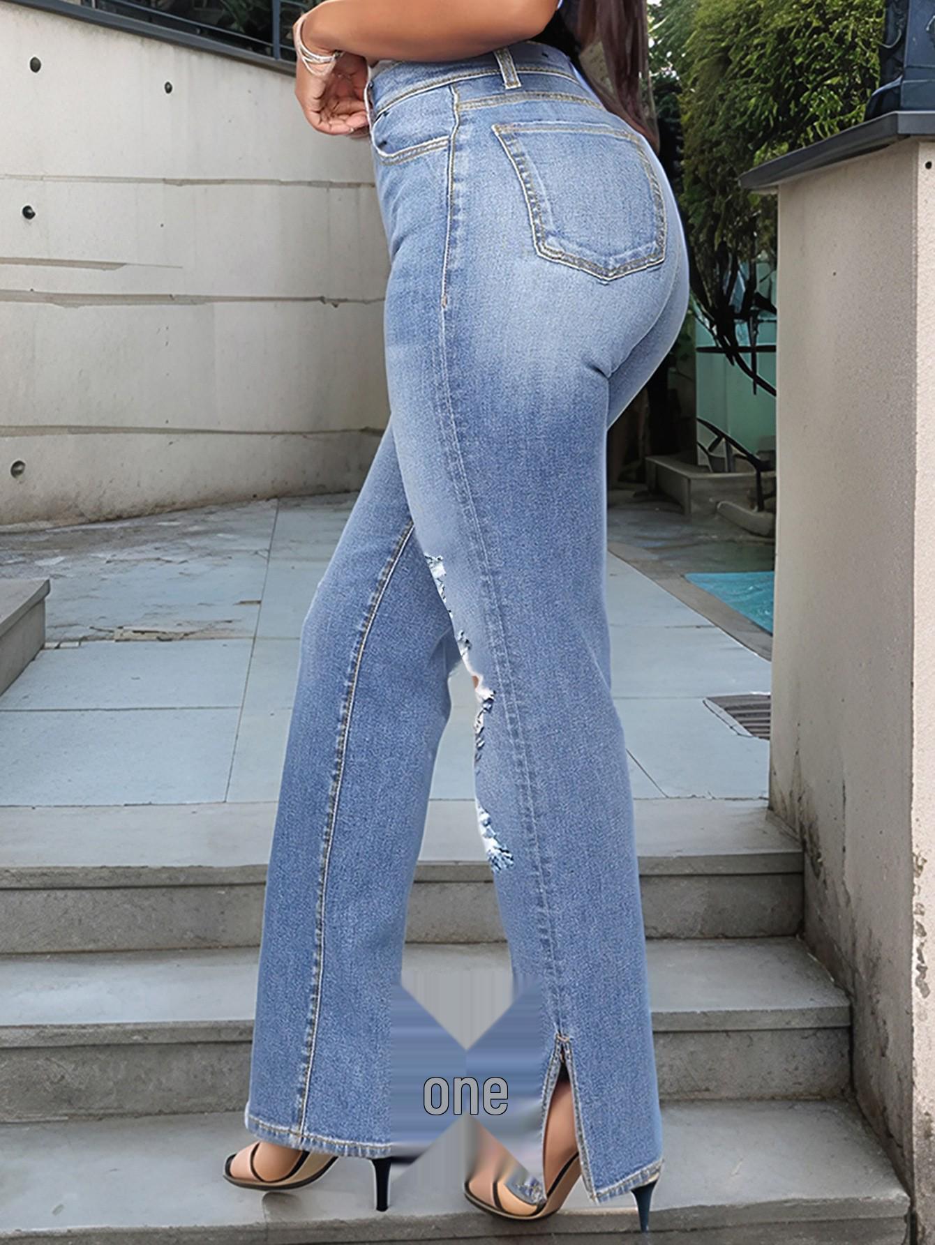 2025 High-Waisted Ripped Skinny Crop Jeans - Butt-Lifting & Versatile Fashion for Women XXL светло-синий