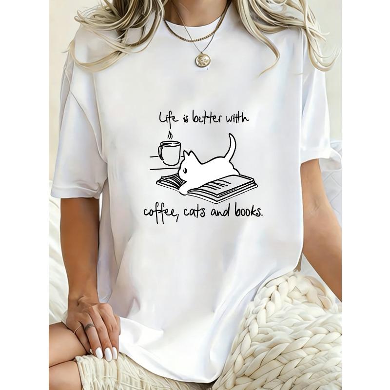 Oversized T Shirt Black Cat Reading Book Print For Casual Wear