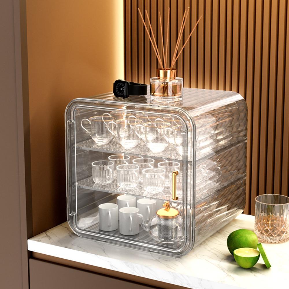

Large Capacity Water Cup Holder Dust-proof Closet Organizer Cup Storage Rack Home Kitchen Transparent Small 3 layer