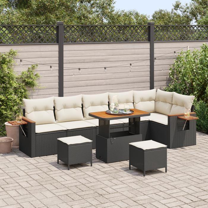 Ensemble de canapé de jardin 9 pièces avec coussins noirs en poly rotin, Ensemble de salle à manger de jardin 3 pièces 3363195
