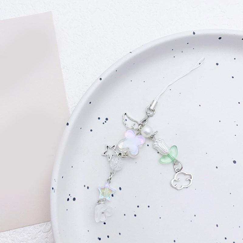 Sweet Bowknot Beaded Phone Charm Flower Chain Keychain Fashion Accessory Bag Pendant Keyring for Phones and Backpacks