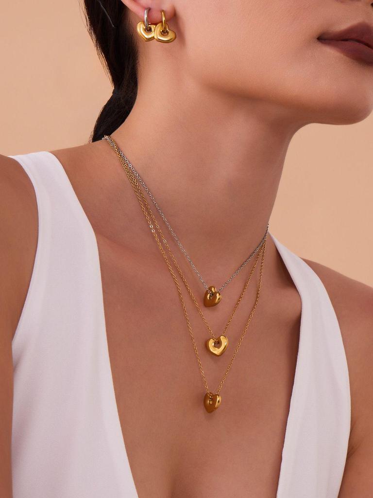 Qiong Yao 18K Gold Plated Stainless Steel Peach Heart Pendant Necklace & Earring Set - Smooth Surface & Elegant Design