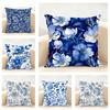 Ethnisch Stil Blau Floral Muster Druck Kissenbezug Leinen Kissenhülle Weich für Sofa Bett Wohnzimmer Dekoration