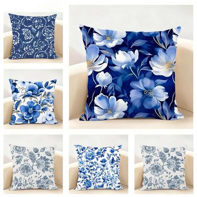 Ethnic Style Blue Floral Pattern Printing Cushion Cover Linen Pillowcase Soft For Sofa Bed Home Room Decor