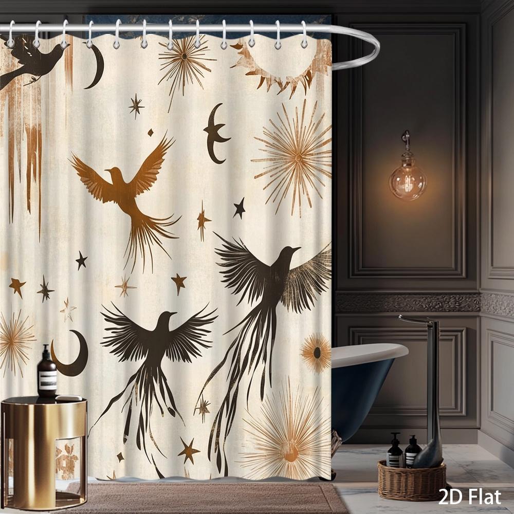 Birds & Stars Shower Curtain – Elegant Celestial Design, 2D Flat, Multiple Sizes, 59X70.8In To 90.5X70.8In, Includes Hooks