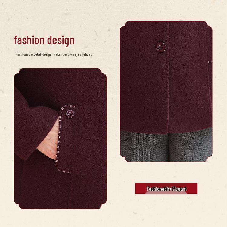 Spring Mid-Length Hooded Woolen Coat - Plus Size for Middle-Aged & Elderly Women