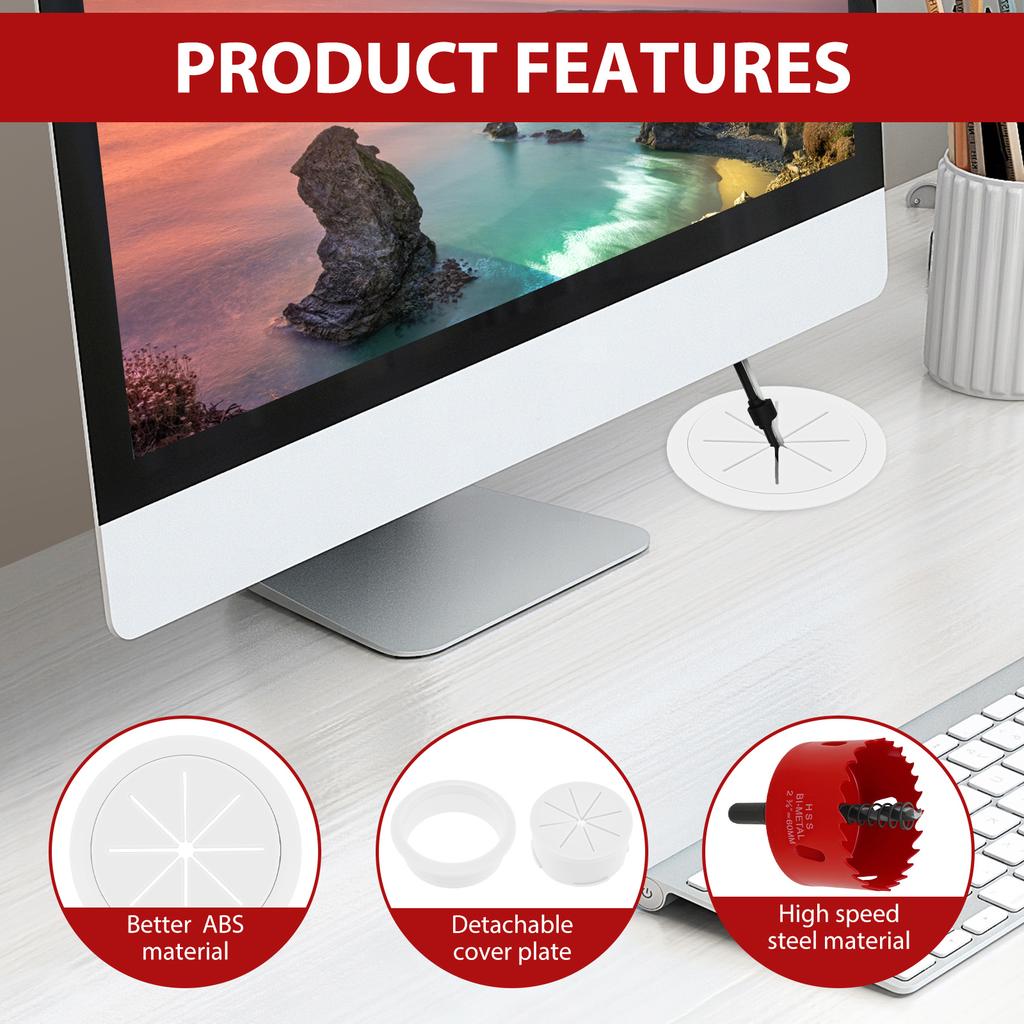 1 Set Desk Grommet 2-3/8" Hole Saw Desk Hole Cover with 10 Magic Cable Tie Cable Grommet Desk Cord Hole Cover for TV Cabinet