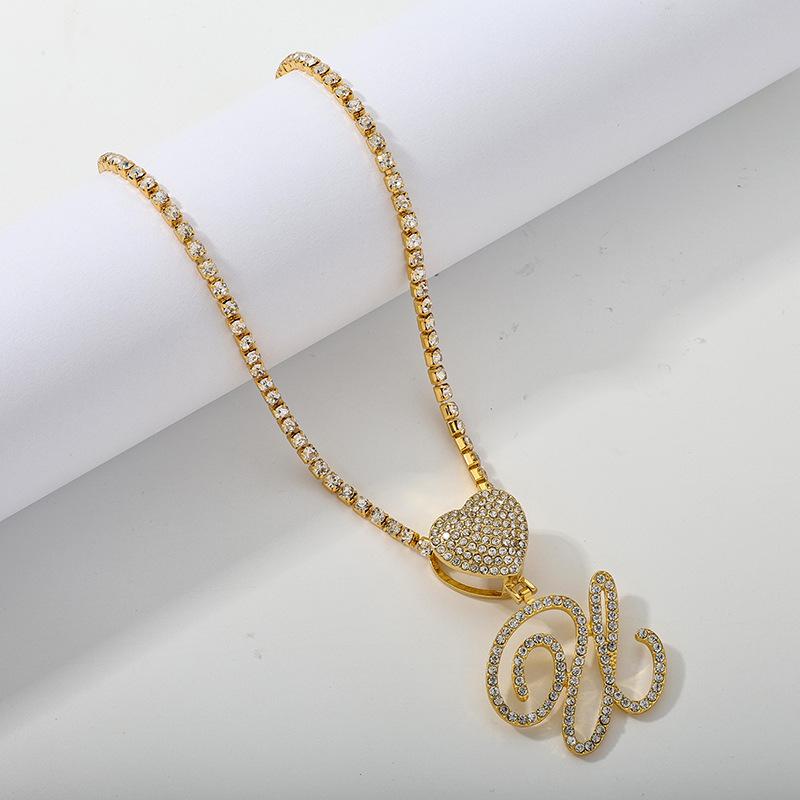 26 Flower Letter Necklace: Hip Hop Heart Pendant with Full Diamond Inlaid Tennis Chain for Women