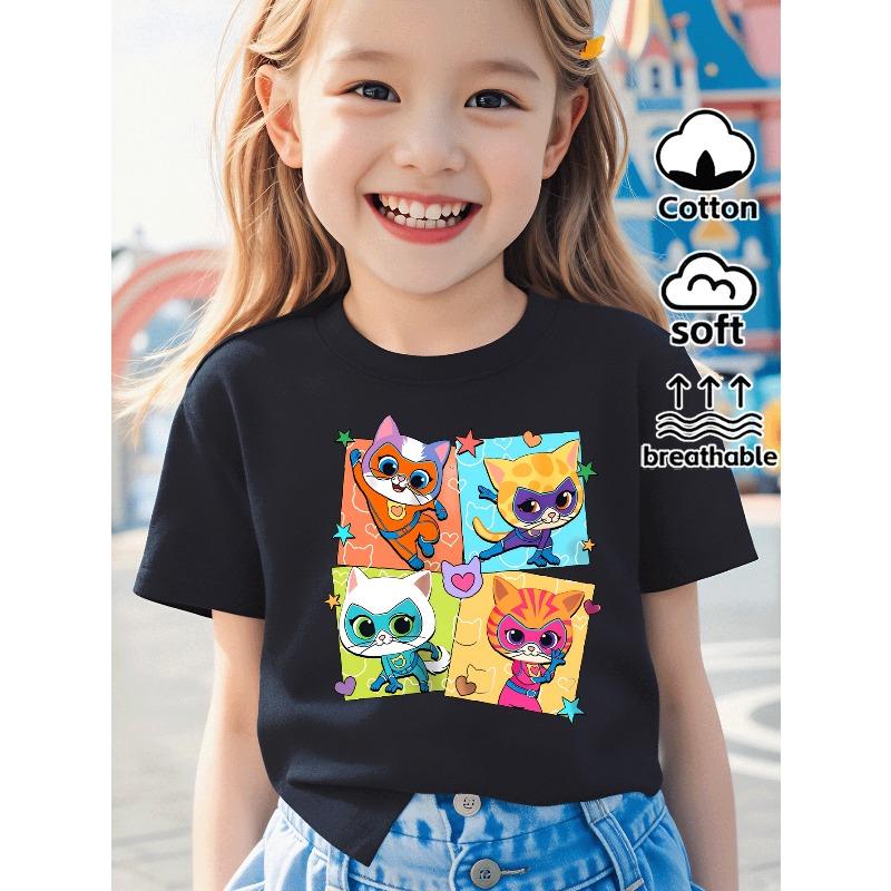 European Sizes Super Cat Heroes Adventure Girls T-Shirt Soft & Comfortable Everyday Top, Suitable for Home, Outdoor, and Sports Activities