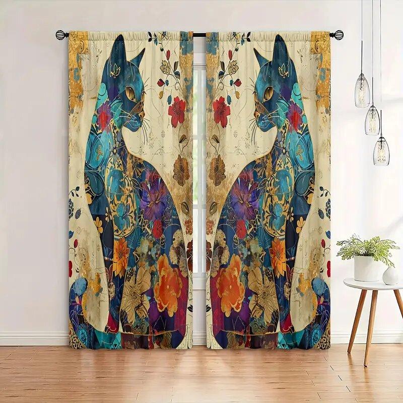 2 Pieces of Bright Artistic Cat and Floral Printed Curtains, Pole Bag Room Decoration, Home Decoration