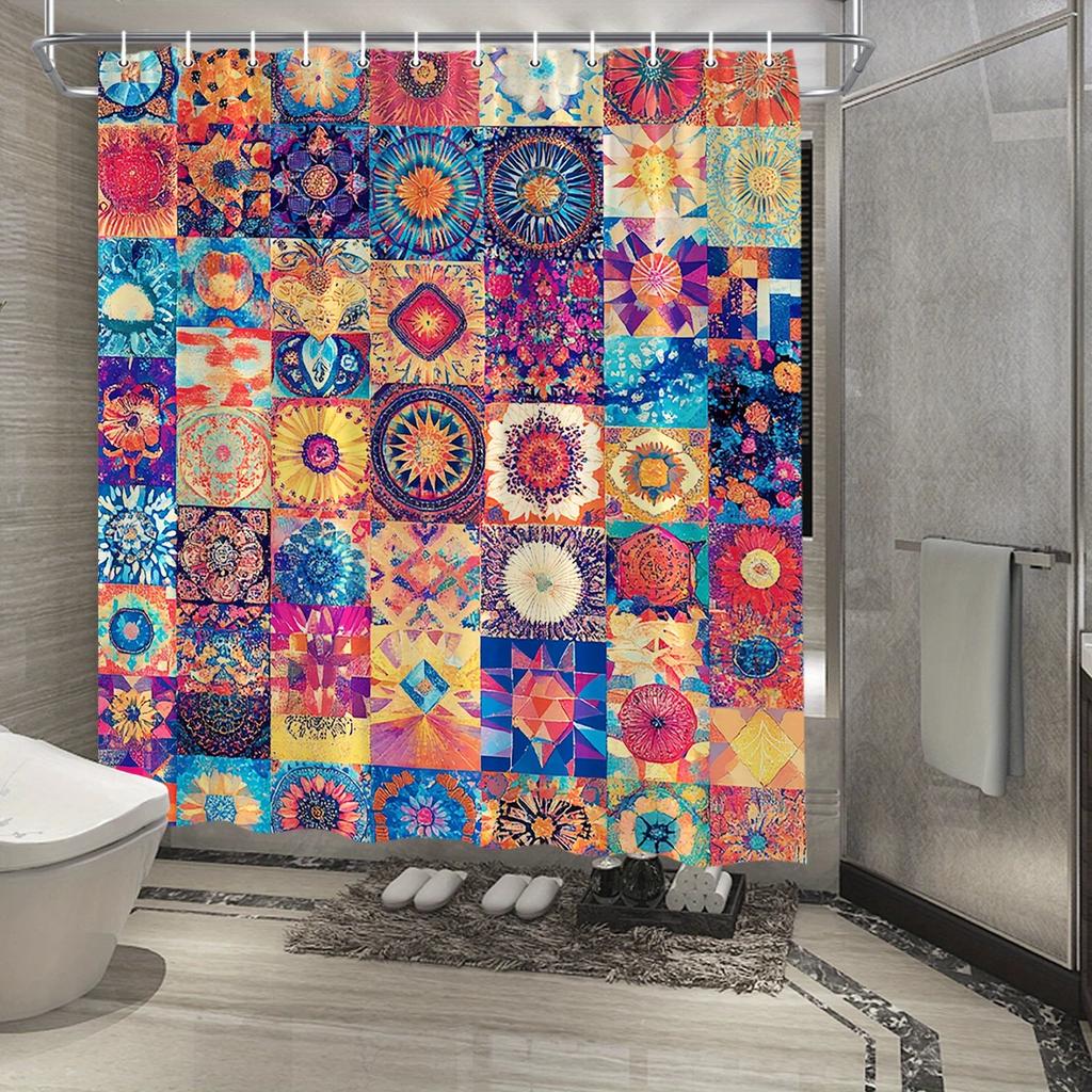 1pc Polyester Mandala Shower Curtain - Floral & Geometric Patterns, Vibrant Colors, Woven Arts Theme, Modern Traditional Style