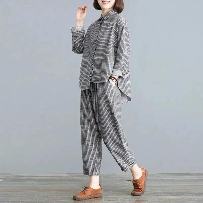 Set Primavera Autunno Donna Retrò Letterario Taglia Grande Cardigan Sottile Pantaloni Larghi Casual Righe Moda