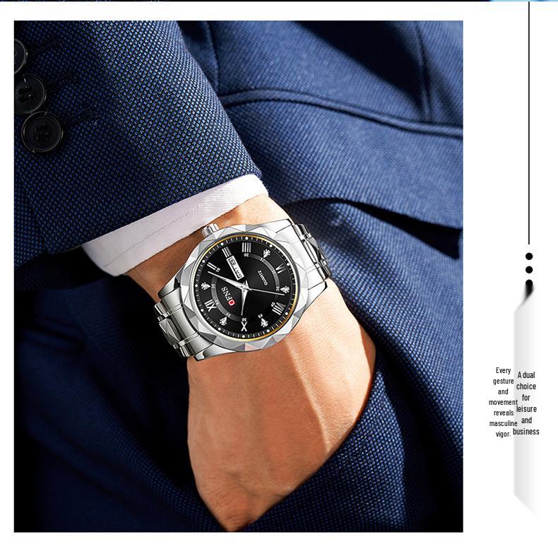 OFNS Herren Quarz Business Uhr: 3D Römische Ziffern, Doppelkalender, Wasserdicht, Edelstahlarmband.