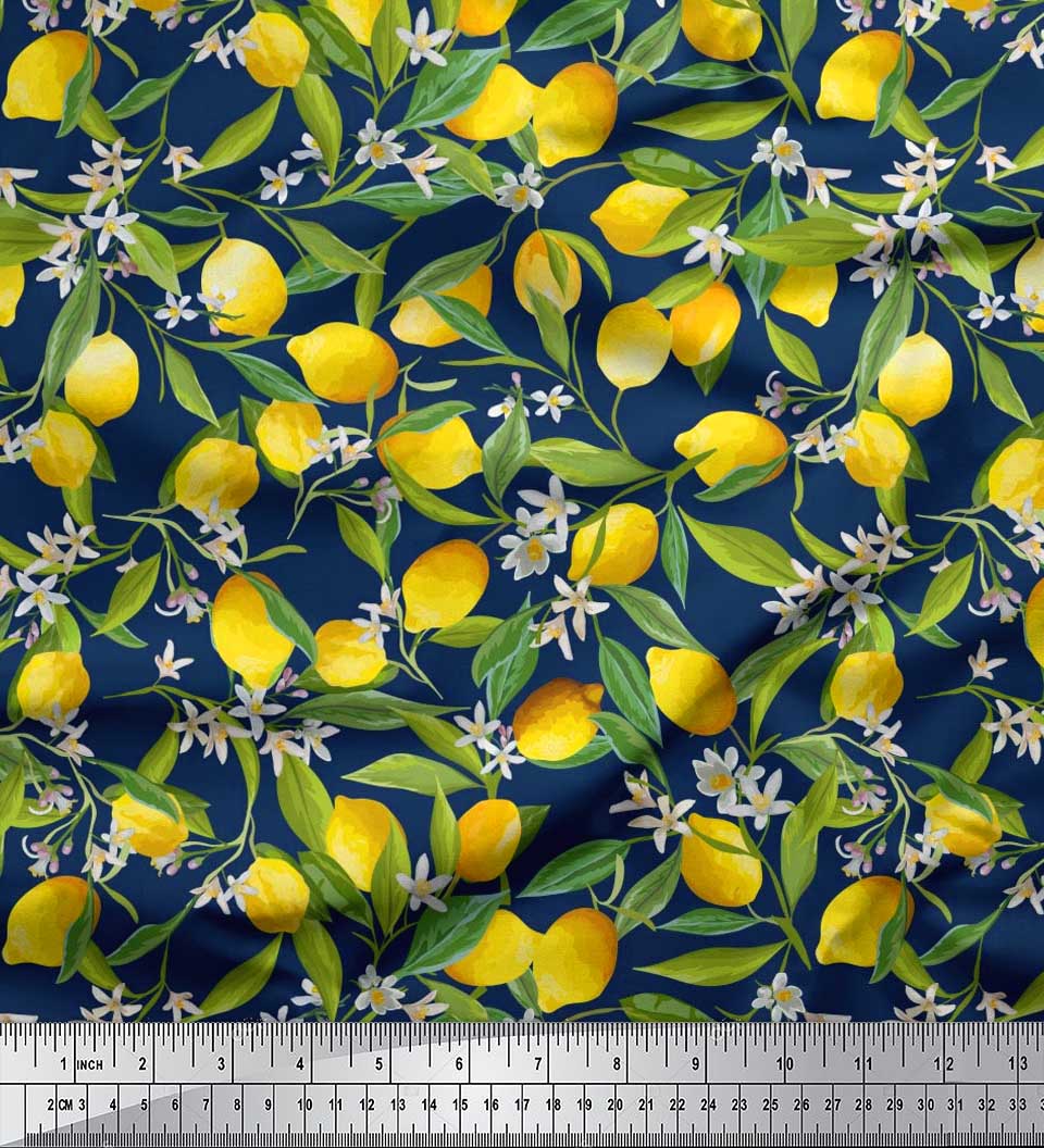 

Тканина Soimoi Japan Crepe Satin Leaves, Floral & Lemon Vegetable Print Тканина на метри 42 дюйма 42 Inch Wide - Crepe Silk оксфорд синього кольору