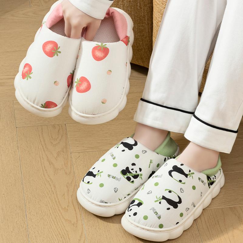 Fashion Cartoon Printed Home Cotton Slippers Women 2025 Indoor Non Slip Soft Sole Pregnant Shoes Woman Breathable Thick Bottom Slides