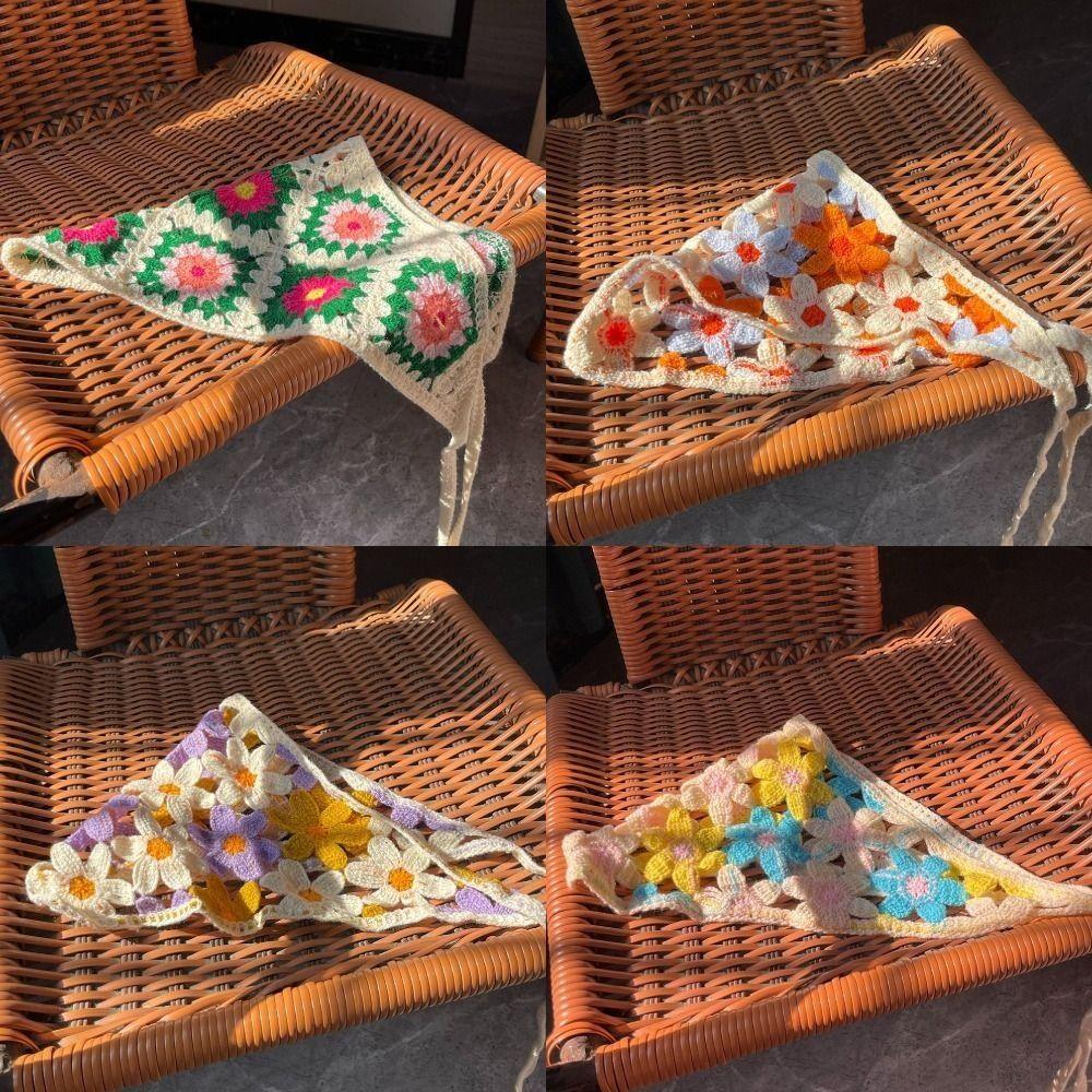 French Pastoral Style Triangle Headband Handmade Crochet Little Flower Headscarf Hat Knitted Color Contrast Girls Headband Towel