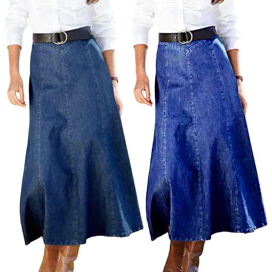 Denim Midi Skirt High Waist Large Hem Slimming Design Midi Skirt Solid Color Office