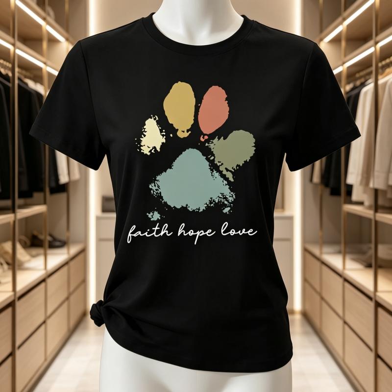 Black And White Printed Faith Hope Love Paw Print Tshirt Bohemian Pet Palm Print Pattern Harajuku Casual Tshirt