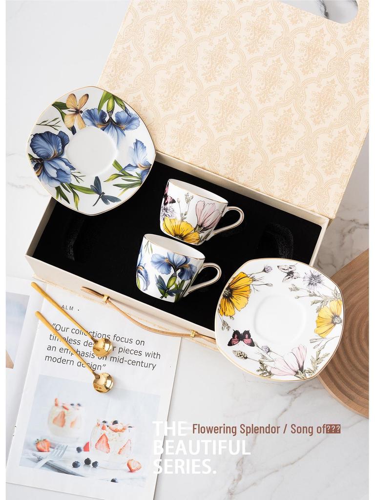 Exquisite Bone China Coffee Cup & Saucer - Hand-Painted Blooming Iris, Ideal Birthday Gift