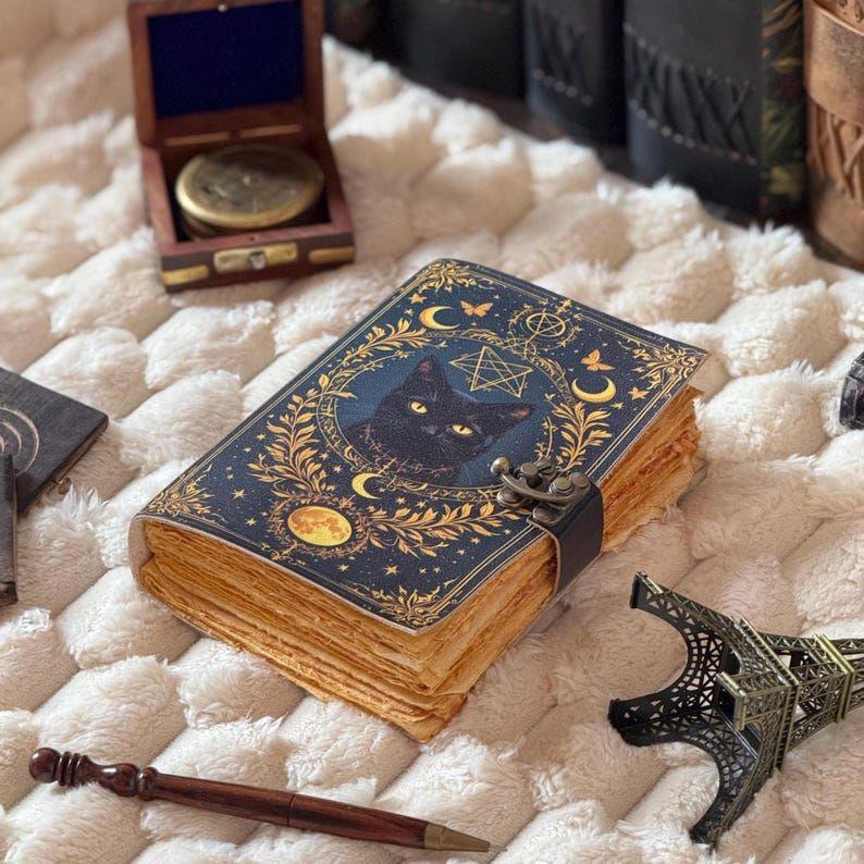 Cat Leather Journal: Vintage Handmade Grimoire, Blank Book of Shadows