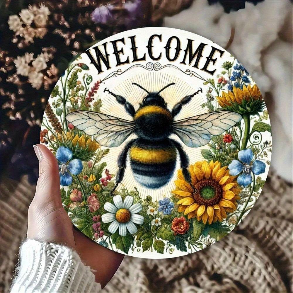 Round Metal Tin Sign 8x8 Inch Bee Flower Vintage Wall Art for Bar