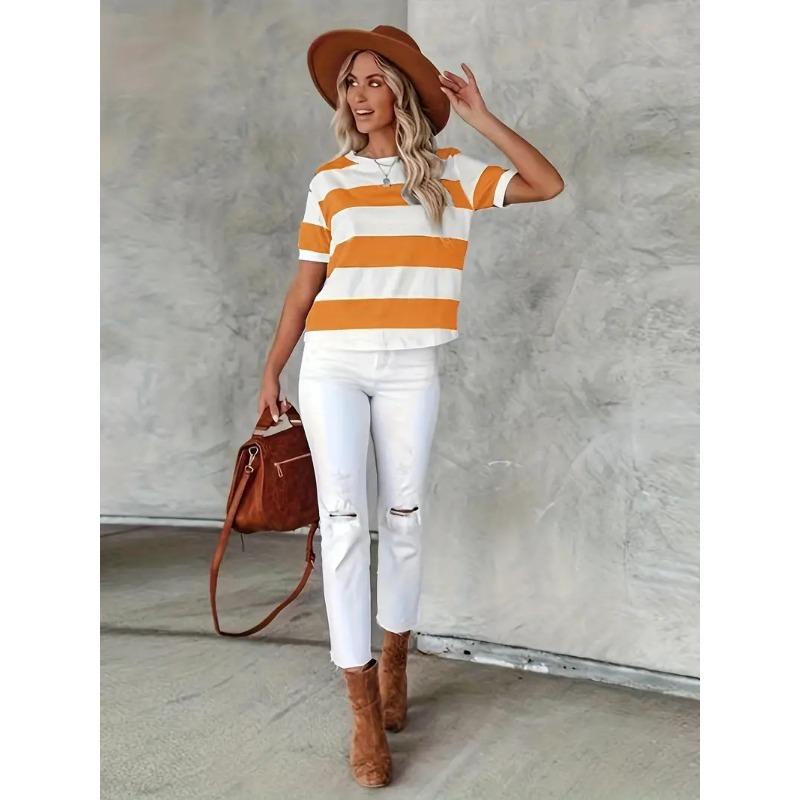 Short Sleeve Striped T-Shirt, Crew Neck Casual Top For Summer & Spring, Women's Clothing