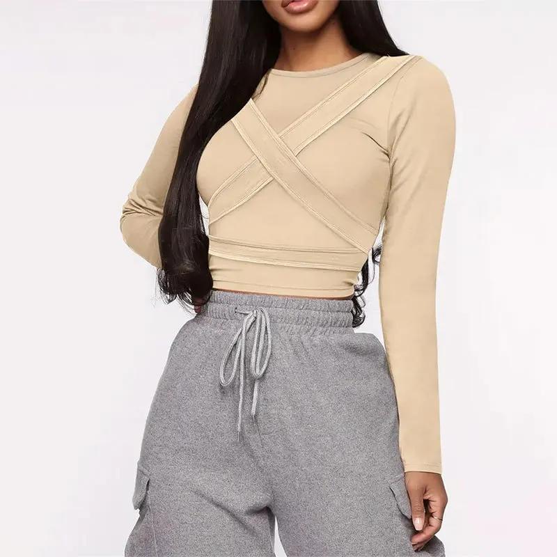 

Осень 2024, пуловер с эластичной резинкой, футболка в стиле Харадзюку, сексуальные тонкие футболки, женские однотонные повседневные однотонные топы цвета хаки с длинными рукавами