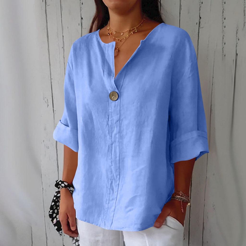 Women's Fashion Casual V-Neck Buttoned 3/4 Sleeve Cotton Linen Top