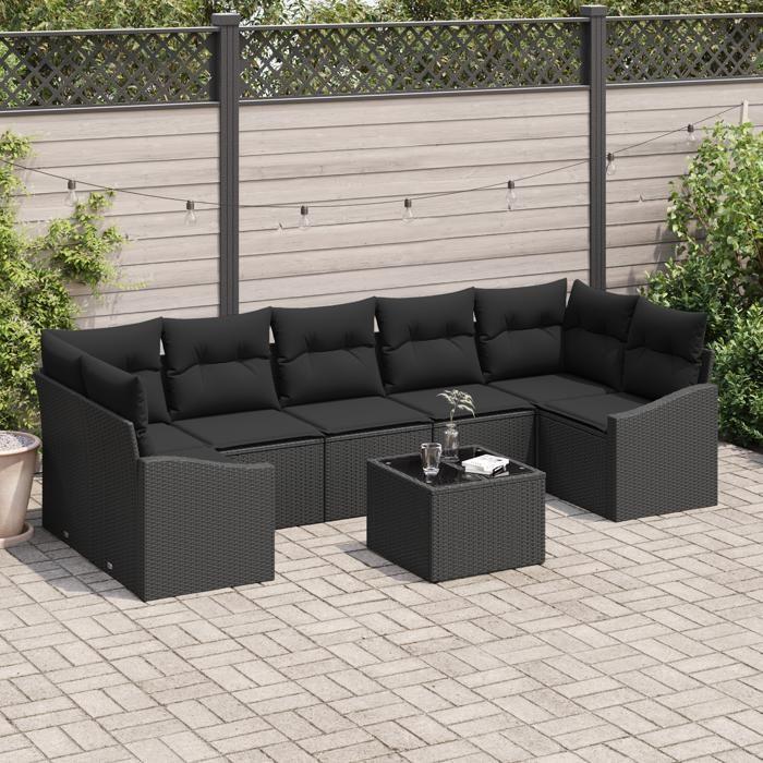 VidaXL Ensemble de canapé de jardin de 8 pièces avec coussins en rattan noir 3355312