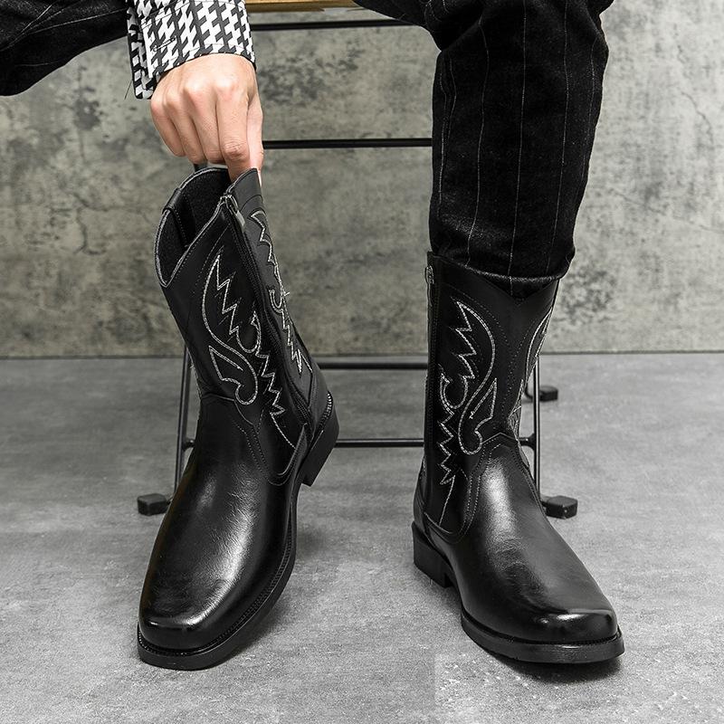 High Quality Men'S Denim Boots Embroidered Western Denim Boots Pointed Small Leg Men'S Shoes Anti Slip Men'S Riding Soled Boots