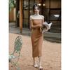 Off-the-shoulder dress, autumn and winter temperament, slim-fitting hip-wrapped long dress, split-ended knitted primer, sweater, skirt