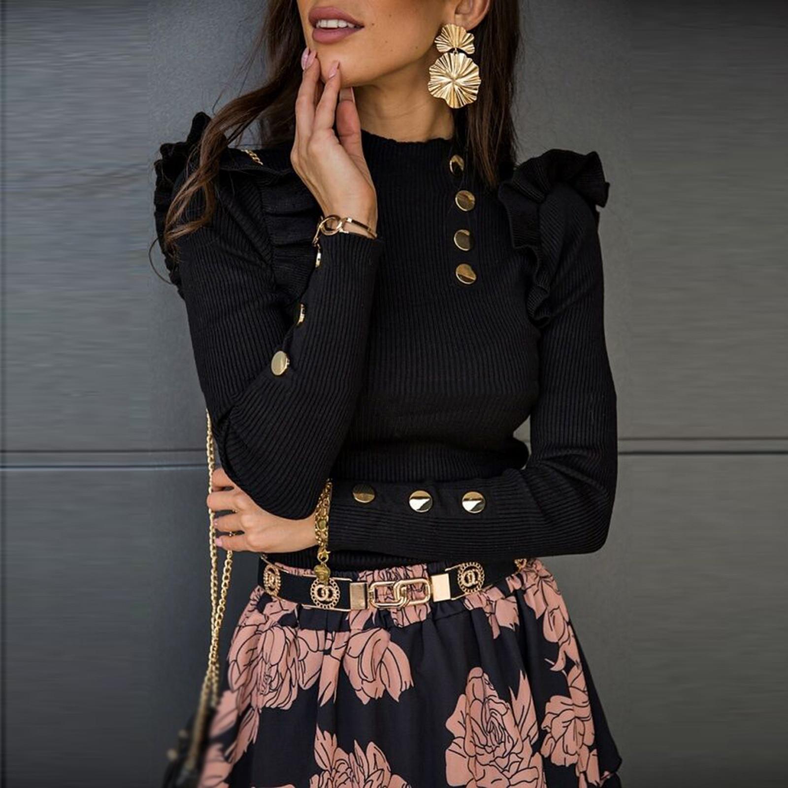 

[JZL] Женская узкая рубашка с длинными рукавами и рюшами на пуговицах, верхняя блузка M чёрный