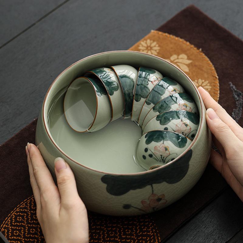 Glazed Hand-Painted Ge Kiln Jianshui Ceramic Extra Large Tea Washing Tea Residue Tank Water Tank Household Tea Set Tea Cup Washing Storage Bowl