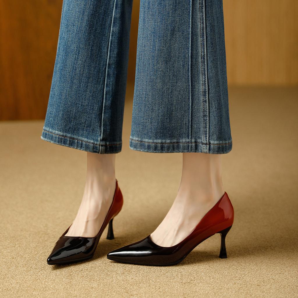 Pointed thin heels high heels high sense not tired feet 2026 spring temperament patent leather color matching light mouth single shoes