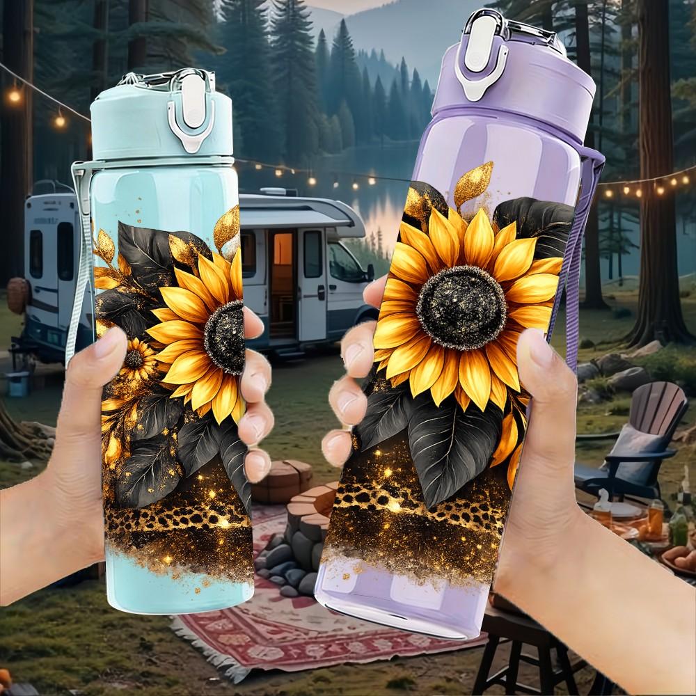 1PC Sunflower Dried Flower Art Print 750ml Color Plastic Sports Water Bottle Leakproof Flip Straw Lid Suitable for Sports Office Home Use