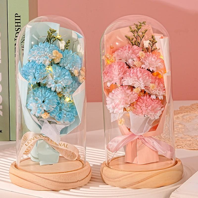 Soap Flower Carnation Glass Cover Bouquet Forever Bouquet Gypsy Dried Flowers Mother's Day Qixi Festival Valentine's Day Gift