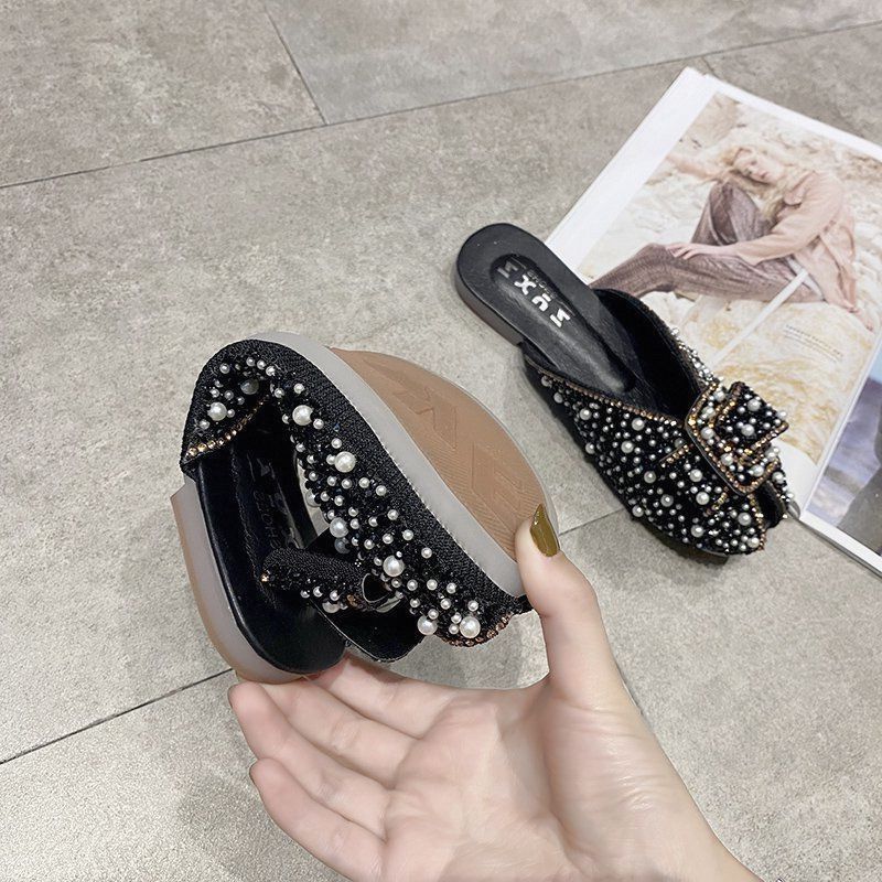 Cool Slippers Women Wear 2025 Summer New Versatile Flat Bottom Internet Celebrity Lazy Shoes Rhinestone Fashion Bag Head Half Slippers