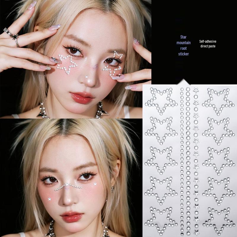 Blue Star Diamond Face Stickers: Adhesive Rhinestone Designs for Tear Eye Makeup, Perfect for Music Festivals.