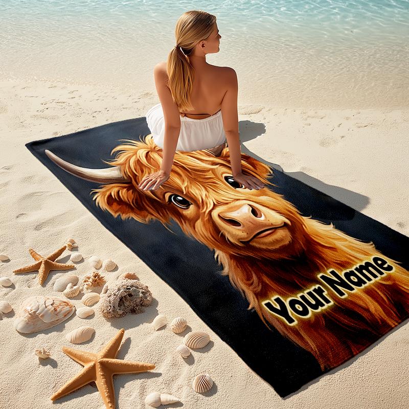 1PC Custom Name Highland Cow Portrait Beach Towel Highly Absorbent And Sand-Resistant Towel for Swimming, Pool, Yoga, And Travel Lightweight