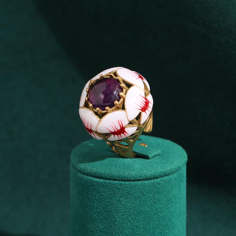 Yong Nuo Antique Gold-Enamel Amethyst Earrings & Ring Set