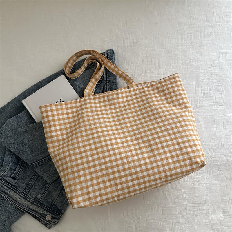 Canvas Bag Women's Summer New Casual Versatile Student Class Plaid Shoulder Bag Vacation Tote Bag